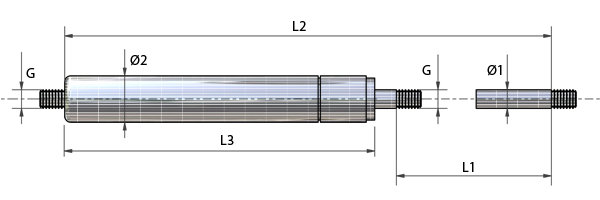 Desenho técnico - Molas a gás com rosca - aço inoxidável 316 - FDA